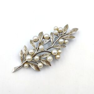 Vintage Crown Trifari Silver Tone Faux Pearl Tree Branch Long Brooch Pin 1950s